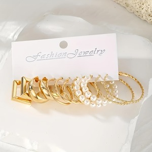 Ensemble de boucles d'oreilles tendance, géométriques, en alliage plaqué or, imitation perle, bijoux de fête pour femmes - Product Image 3