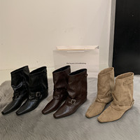 Bottes courtes décontractées pour femme en faux daim, style western classique, à bout pointu, talon bas, avec détails métalliques latéraux, prêtes à être expédiées