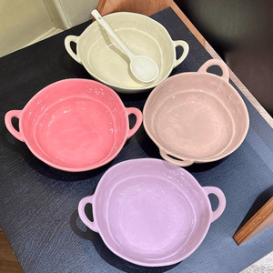Tazón de cerámica hecho a mano, irregular, de doble asa, de color sólido, para frutas, ensaladas, fideos instantáneos, para uso doméstico. - Product Image 3