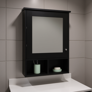 Armoire à pharmacie Anamoose avec miroir, noire, murale, rangement pour salle de bain, 5 étagères, design minimaliste en bois - Product Image 2