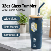 Gobelet en verre borosilicate à large ouverture de 32 oz avec poignée, couvercle en bambou, marqueur de temps et manchon en silicone, tasse de voyage pour voiture