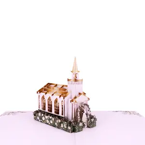 Winpsheng Carte d'invitation de mariage pop-up de conception de bâtiment d'église découpée au laser de luxe personnalisée