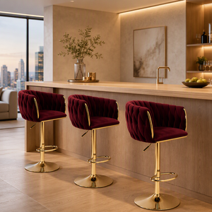 Elegante Sgabello da Bar Girevole Regolabile in Velluto Rosso Plissettato per Pub, Club, Ricevimenti di Nozze e Arredamento - Product Image 3