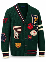 Cardigan en laine 100% sur mesure, nouveau design, manches longues, col en V, logo de la marque, tricoté, avec patch en chenille personnalisé, pull pour homme