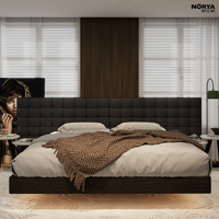 Lit mural double couche en bois massif NORYA au design moderne, taille King, avec coussin en cuir et sommier en mousse haute élasticité pour chambre à coucher