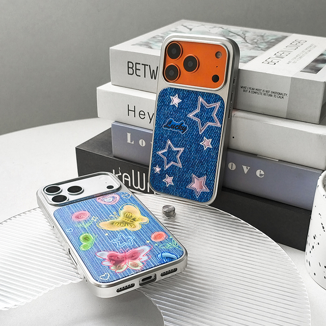 Creative Denim Printed Star Pattern Phone case Suitable for iPhone 17 16 15 14 13 ProMax Silver Plated Carbon Fiber Back Cover