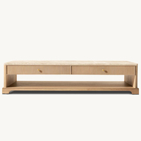 Table basse moderne RH GENEVIEVE, durable, avec 2 tiroirs, plateau en marbre clair, base en bois massif, détails cannelés, style farmhouse luxueux