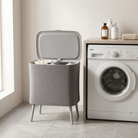 Cesto de Roupa Suja Dobrável de Grande Capacidade com Tampa Removível e Forro de Tecido Ecológico, 2 Compartimentos para Armazenamento de Roupas Sujas