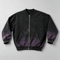 Blouson bomber zippé délavé à l'acide, dégradé violet, effet usé et déchiré, style punk streetwear pour un look décontracté