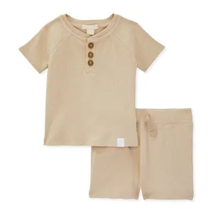 Custom Design Kids Body Suit Unisex Baby Peuter Kleding Sets Baby Kleding Voor Meisje Biologisch Katoen Geribbeld Tee Short Set