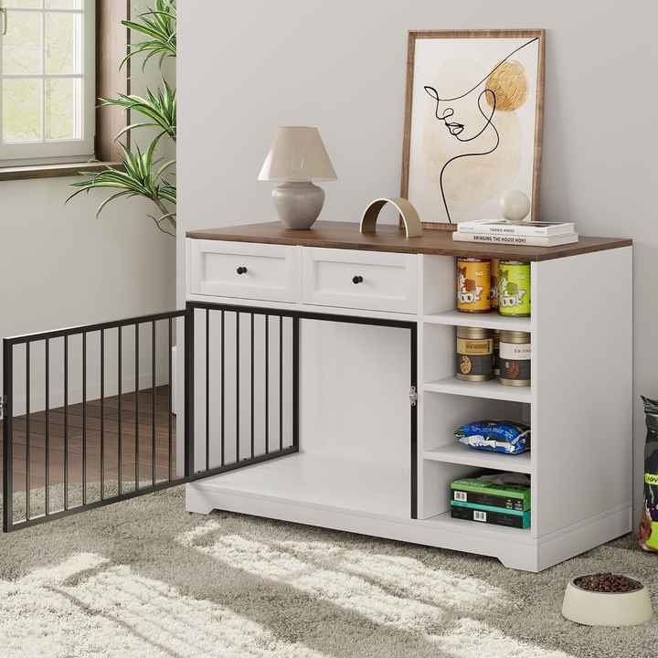 View of Floral Pattern Wood Dog Crate Storage Cabinet with Drawers Multi ...