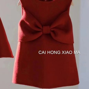 Cai Hong Xiao Ma Girls <b>Red</b> Woolen Dress Set With Cape And <b>Bow</b> Winter Outfit For New Year Solid Color Thickening Cotton Material - Product Image 2