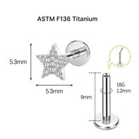 JiaXin ASTM-F136 G23 Titanio Push Pin Sin Rosca para Labret, Medusa, Forward Helix, Lobe, Flor, Circonita Cúbica, Joyería Corporal 16G