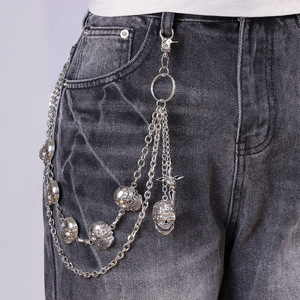 Yueli Multi Layered Skull Waist Chain Tibetan <b>Silver</b> Hip Hop Denim Decorative Chain <b>Cross</b> Pattern Double <b>Ring</b> Daily Wear - Product Image 1