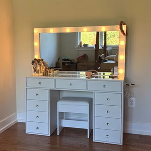 Table de maquillage de luxe avec panneau en bois blanc éclairé par <span class=keywords><strong>LED</strong></span>, <span class=keywords><strong>grand</strong></span> bureau de maquillage avec <span class=keywords><strong>miroir</strong></span> éclairé amovible pour la chambre à coucher - Product Image 4