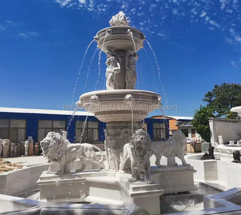 Customized Natural White Marble Lion Angel Carved Marble Water Fountain Outdoor Villa Garden Decoration Marble Fountain
