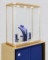 Vitrine de Luxe GZowin Bleu et Or pour Bijoux, Meuble sur Pied en Acier Inoxydable et Verre Personnalisé avec Éclairage LED, Durable pour Colliers et Bagues en Magasin de Détail