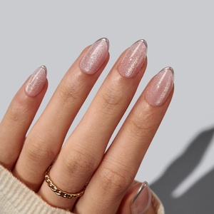 Uñas postizas de gel suave rosa ojo de gato con pegamento, al por mayor, uñas postizas cortas almendradas con punta francesa plateada 3D, 32 unidades - Product Image 1