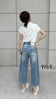 Pantalon en jean court taille haute élastique pour femme grande taille, coupe droite, jambe large, écologique et inaltérable – Vente en gros