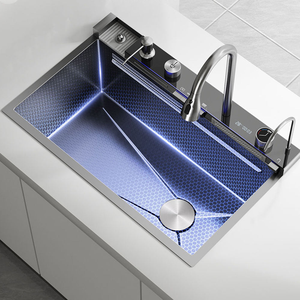 Évier de cuisine moderne en acier inoxydable 304 noir nano, avec cascade, poste de travail intelligent à affichage numérique LED, cuve unique - Product Image 1