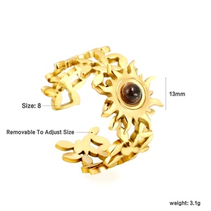 Anillo Ajustable Chapado en Oro de 18K, Acero Inoxidable con Incrustaciones de Ópalo y Turquesa, Anillo Abierto con Grabado de Girasol para Mujer - Product Image 2