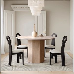 Table à manger ronde en bois massif avec plateau en marbre, design minimaliste, idéale pour les petits appartements, structure stable - Product Image 3