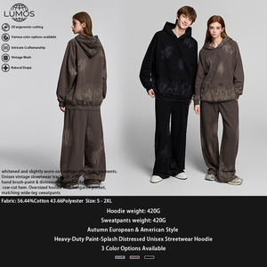 Ensembles <span class=keywords><strong>Homme</strong></span> et Femme Rétro Peints à la Main Effet Vieilli Délavé, Sweat à Capuche et Pantalon Oversize Durables, Logo Personnalisé - Product Image 2