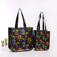 Sacs de courses réutilisables à bandoulière noire avec soufflet latéral, imprimé répétitif coloré, logo personnalisé, pour usage industriel, vêtements et chaussettes