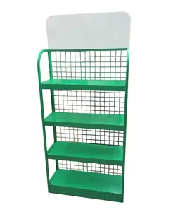 4 layers Floor Standing Metal Wire Grid Mesh Retail Store Grocery Mart Hooks Storage Display Shelf Racks With Advertising Panel