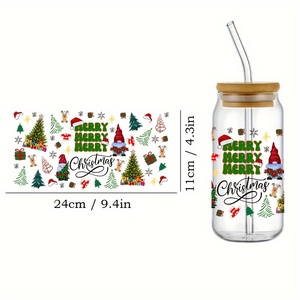 Feliz Navidad 16oz Frascos de vidrio UV para DTF Cup Wraps Impermeable Resistente a los arañazos Calcomanías festivas Papel de transferencia autoadhesivo - Product Image 6