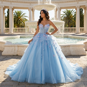 251123 Magnifiques robes de soirée bleues pour femmes, avec fleurs appliquées, style Sweetheart - Product Image 1
