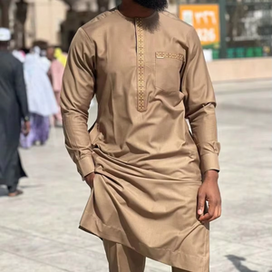 2025 hombres elegante <span class=keywords><strong>traje</strong></span> de manga larga camisa pantalones 2 piezas cuello redondo costura Color sólido fiesta manga larga estilo étnico africano - Product Image 1