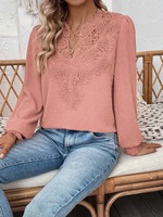 T-shirt personnalisé de couleur unie pour femmes Rétro français côtelé col en V dentelle manches lanterne hauts à manches longues tricoté T-Shirt décontracté