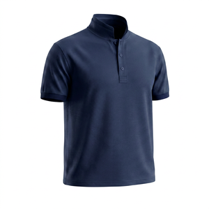 Camiseta Unisex Azul Marino de Manga Corta, Tejida, 100% Algodón, Transpirable, con Botones al Frente, Color Sólido, Estilo Casual, Corte Regular - Product Image 1