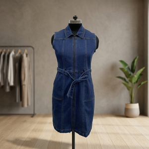 Robe mini sans manches en jean avec col, ceinture et poches, style fourreau ajusté, pour un usage quotidien décontracté - Product Image 2
