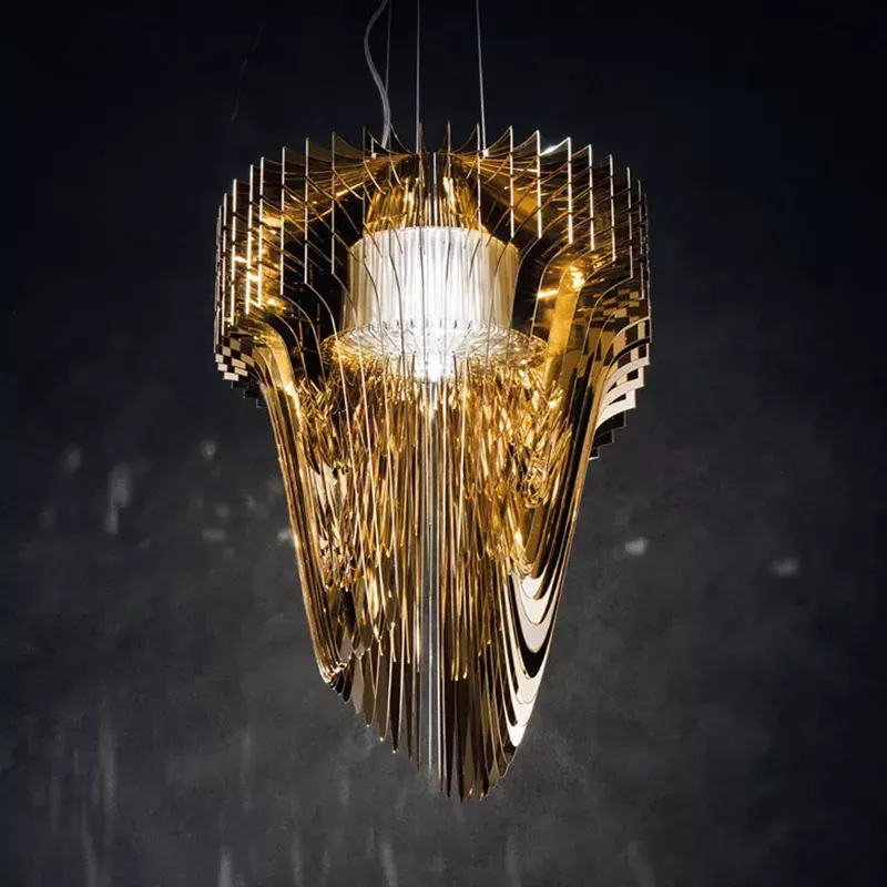 Modern Luxury Hotel Lobby Acrylic High Ceiling Crystal Decor Gold Led Chandelier Lamp Staircase Pendant Lights
