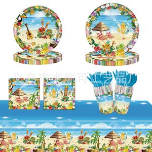 Kit de fête d'été sur le thème hawaïen, nappe jetable, assiettes, gobelets, couverts, fournitures de fête tropicales - Product Image 1