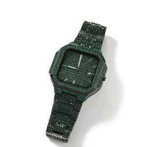 Reloj de Pulsera UWIN Hip Hip para Hombre, Cuadrado, Resistente al Agua, con Esfera de Números Romanos, Completamente Cubierto de Piedras Verdes, Relojes Negros - Product Image 2