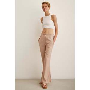 Pantalon large Luna rose poudré en crêpe, taille élastique, bordure passepoilée, taille haute, pour femme - Product Image 6