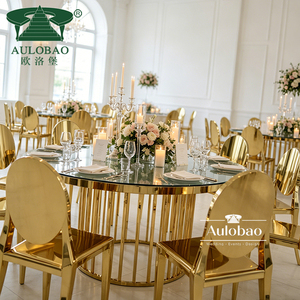 Luxurious Gold Stainless Steel Glass Top Round <b>Dining</b> <b>Tables</b> Set 6 Seater - Product Image 1