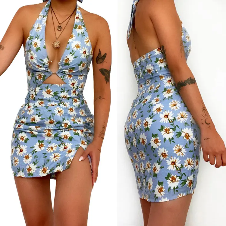 Groothandel Meisje Elastische Bloemenprint Jurk De Dama Pillama Vrouwen Onesie Zomer Mouwloze Casual Jurk Sexy Backless Jurk