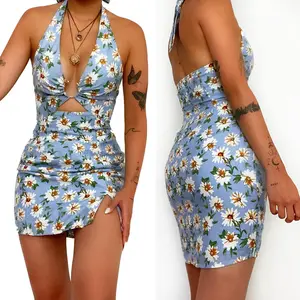 Wholesale Girl Elastic Floral Print Dress De Dama Pillama Women Onesie Summer Sleeveless Casual Dress Sexy Backless Dress