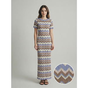 فستان ماكسي صيفي 2026 بنمط شيفرون محبوك للنساء بأكمام قصيرة وياقة دائرية وتصميم بوهيمي ضيق للشاطئ والإجازات - Product Image 4