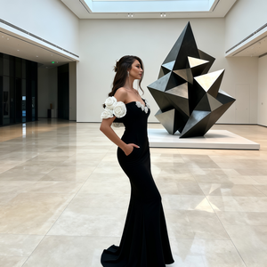 Stokta Hamilelik Dönemi İçin Basit Fiyonklu Tek Omuzlu Elbise Kadın Doğum Günü Şık Siyah Abiye Balo Yemeği İçin Sırtı Yırtmaçlı 3D Çiçekli - Product Image 3