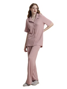 Women's Home Clothes Nightgowns ODM Elastic Waist Front Embroidered Lapel Pants Pocket Lace-Up Loose Short-Sleeved Ankle-Length