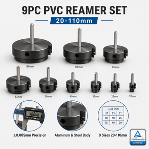 Jeu de 9 alésoirs pour tuyaux en PVC (20/25/32/40/50/63/75/90/110mm) avec lames en carbure robustes pour plombiers, pour le nettoyage de raccords et de douilles - Product Image 1