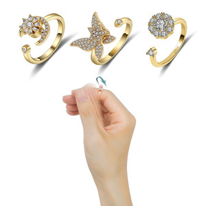 Micro Inlay Zircon Rotating Open <b>Adjustable</b> <b>Ring</b> Anxiety Copper Gold Plated Butterfly Flower Moon Stress Relief Restless Jewelry - Product Image 4