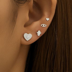 CANNER Lot de 4 boucles d'oreilles clous en argent sterling 925, motif cœur lisse et Hamsa, pour femmes et jeunes filles - Product Image 4