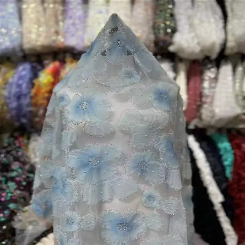 Tecido de renda de tule bordado feito à mão tecido de renda flor 3D vestido de noiva tecido de renda