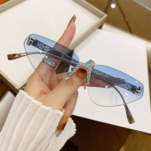 Frameless Rhinestone <b>Sunglasses</b> Black PC Lens UV400 Unisex Outdoor Style - Product Image 2